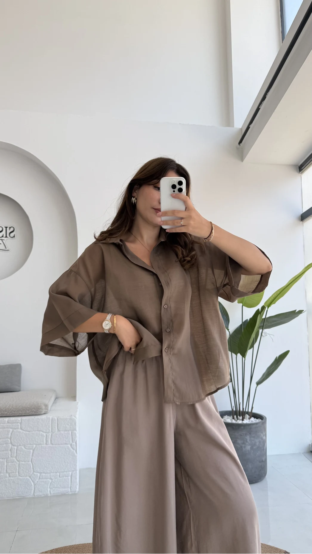 Andora Oversize İpeksi Gömlek - Kahve - Kod: 4927