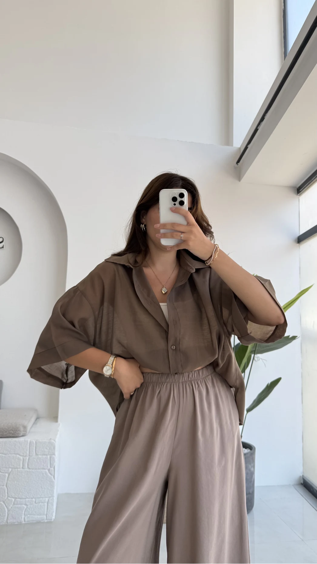 Andora Oversize İpeksi Gömlek - Kahve - Kod: 4927