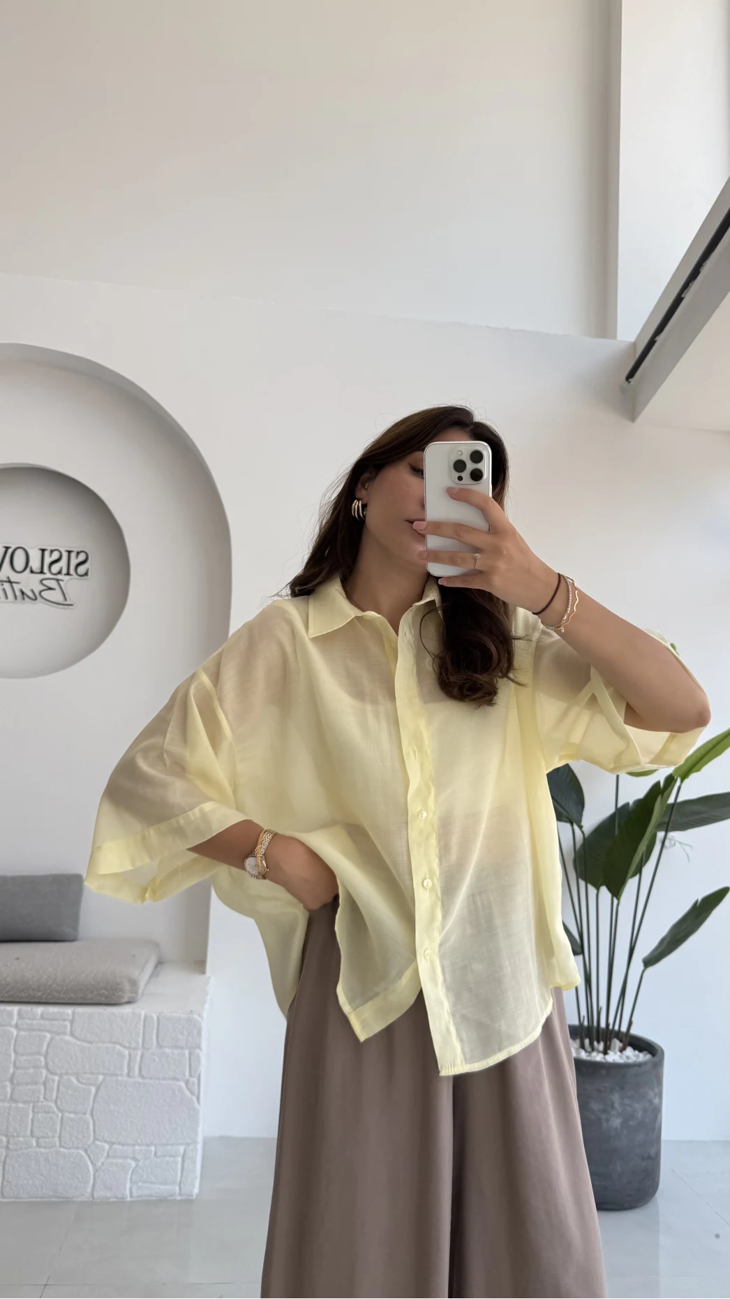 Andora Oversize İpeksi Gömlek - Sarı - Kod: 4927