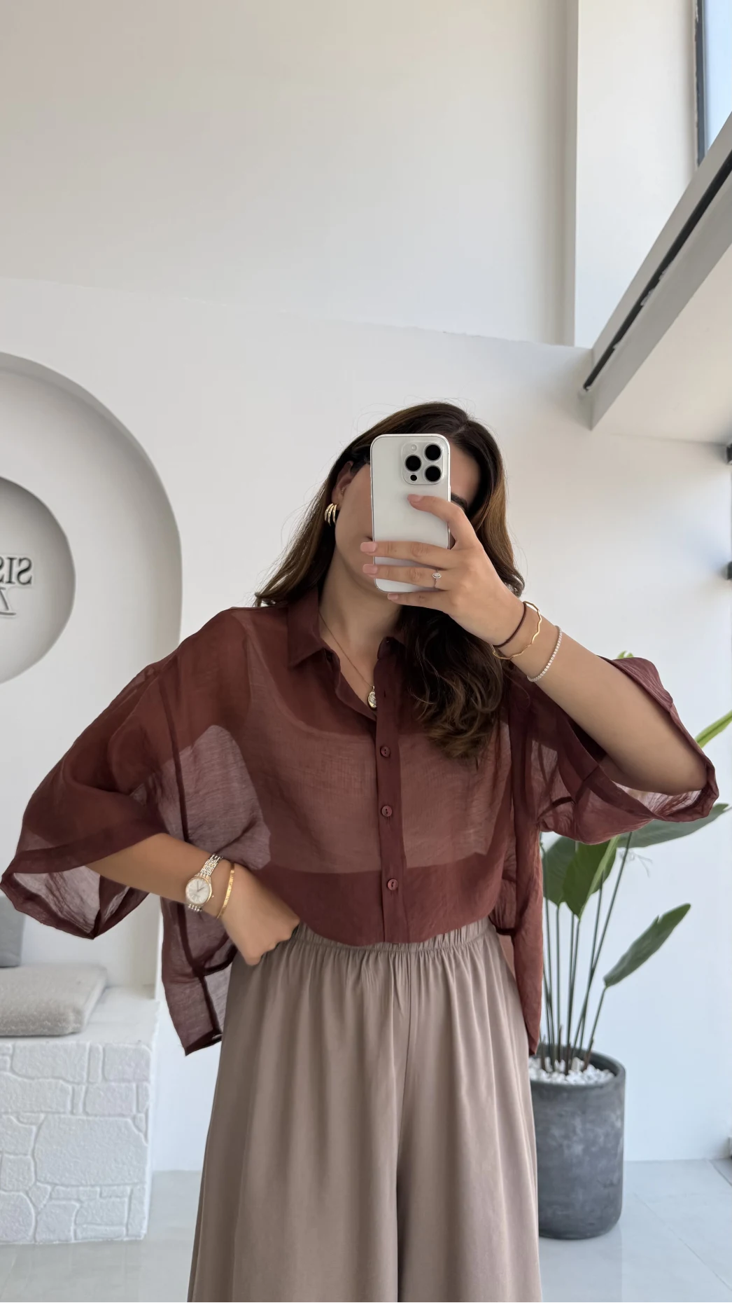 Andora Oversize İpeksi Gömlek - Tarçın - Kod: 4927