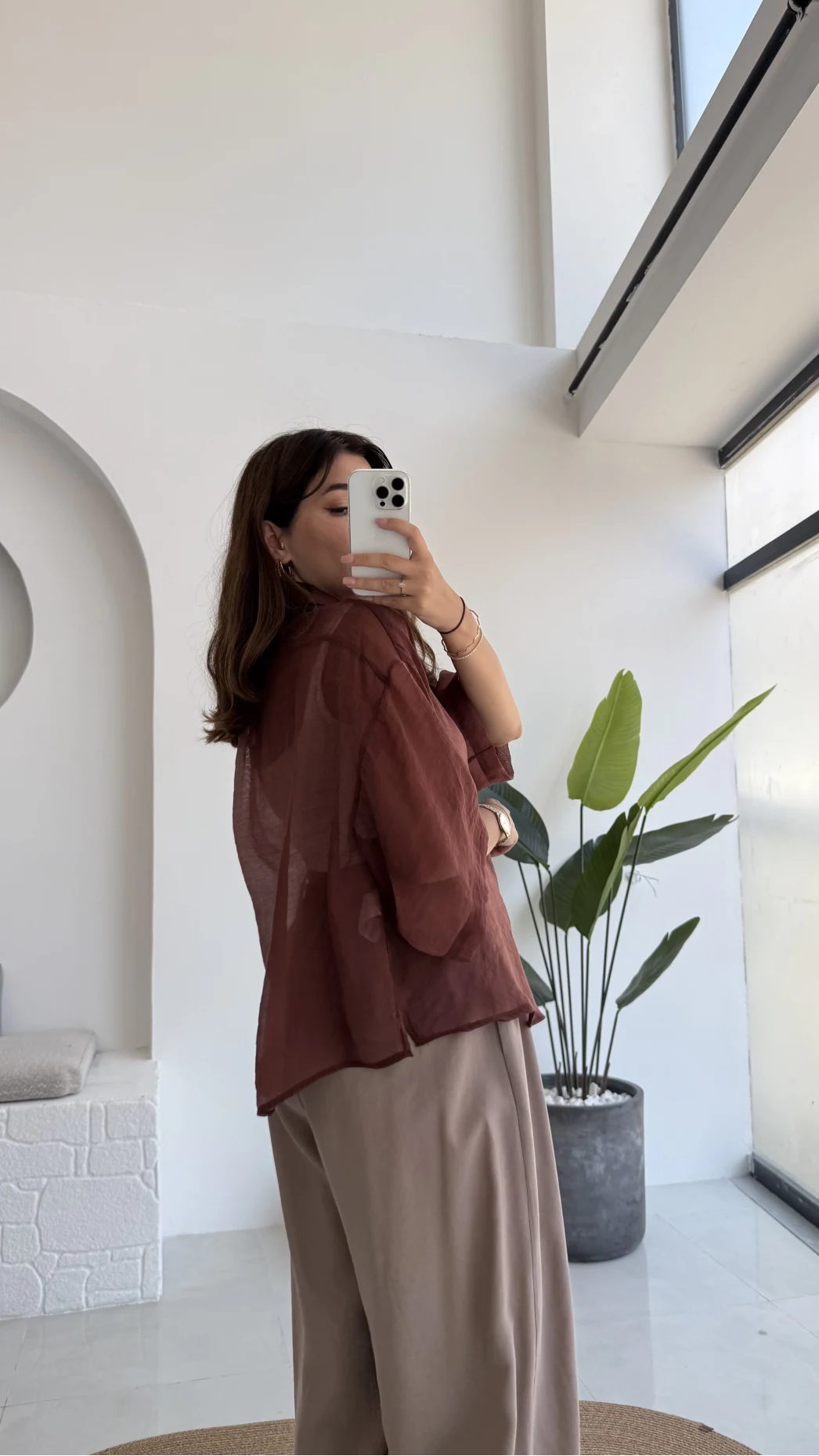 Andora Oversize İpeksi Gömlek - Tarçın - Kod: 4927