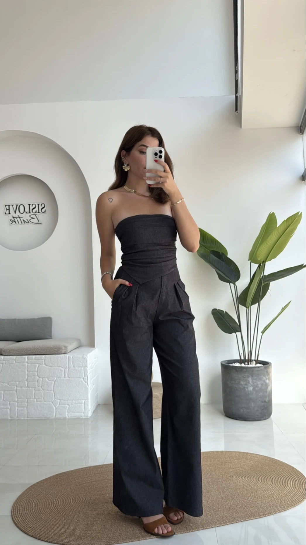 Angela Denim Straplez Bluz Pantolon Takım - 2025148