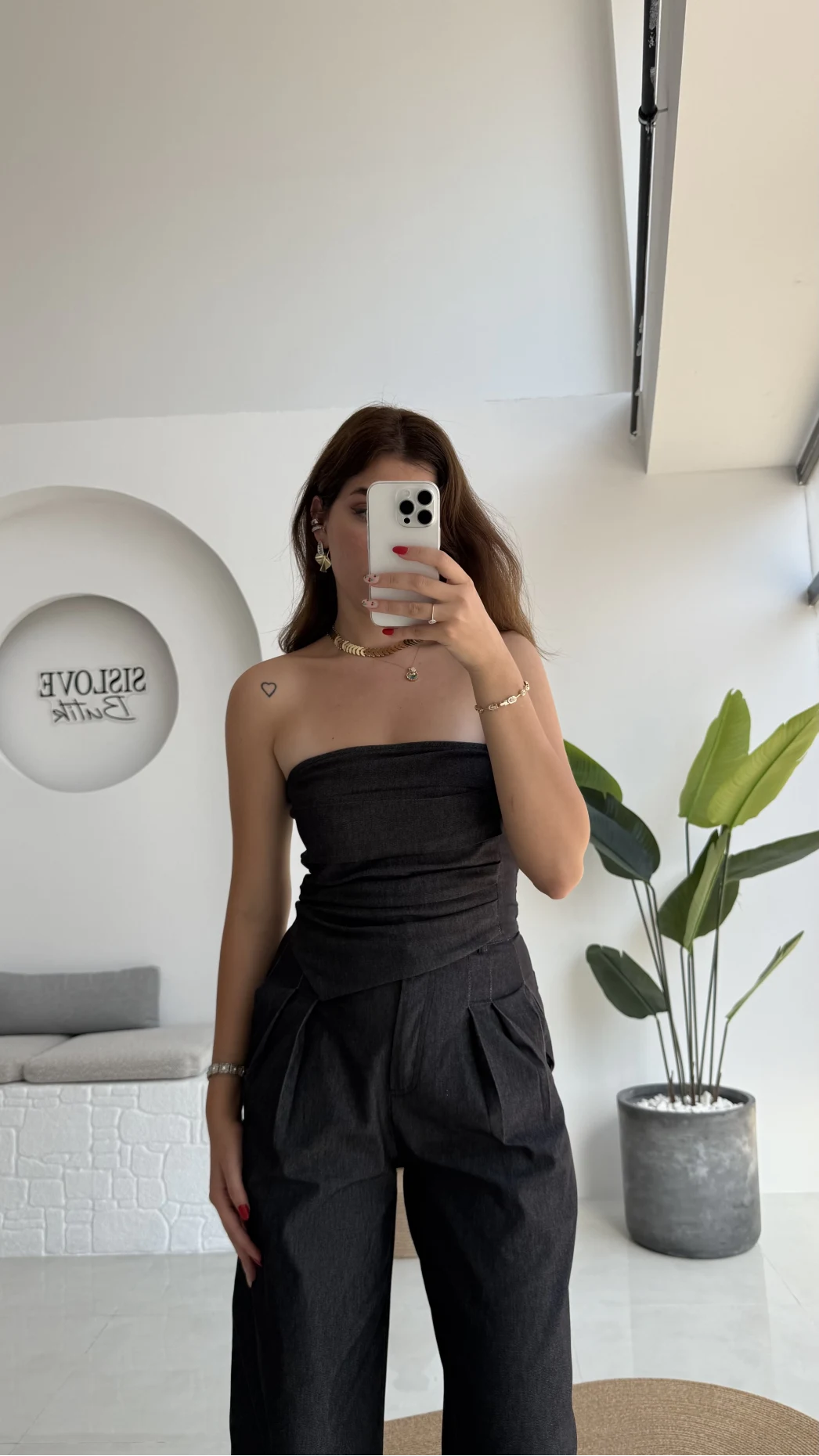 Angela Denim Straplez Bluz Pantolon Takım - 2025148