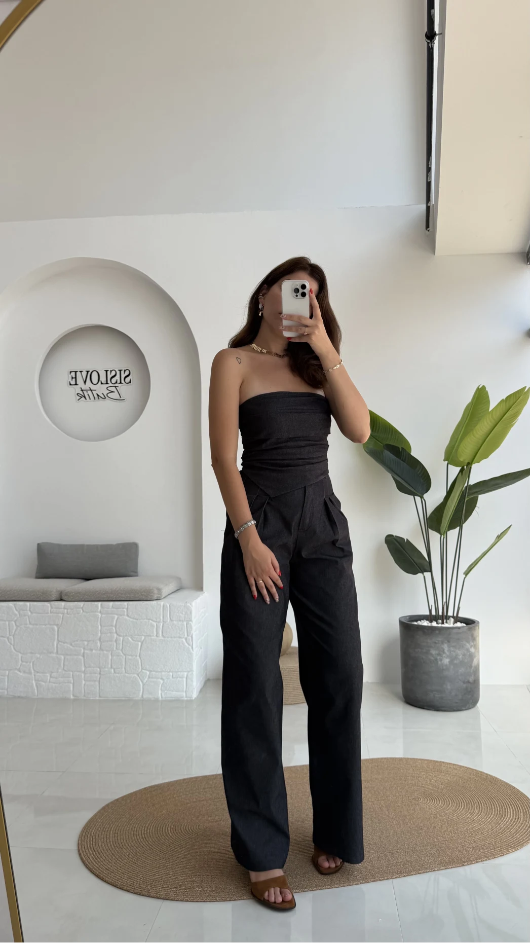 Angela Denim Straplez Bluz Pantolon Takım - 2025148