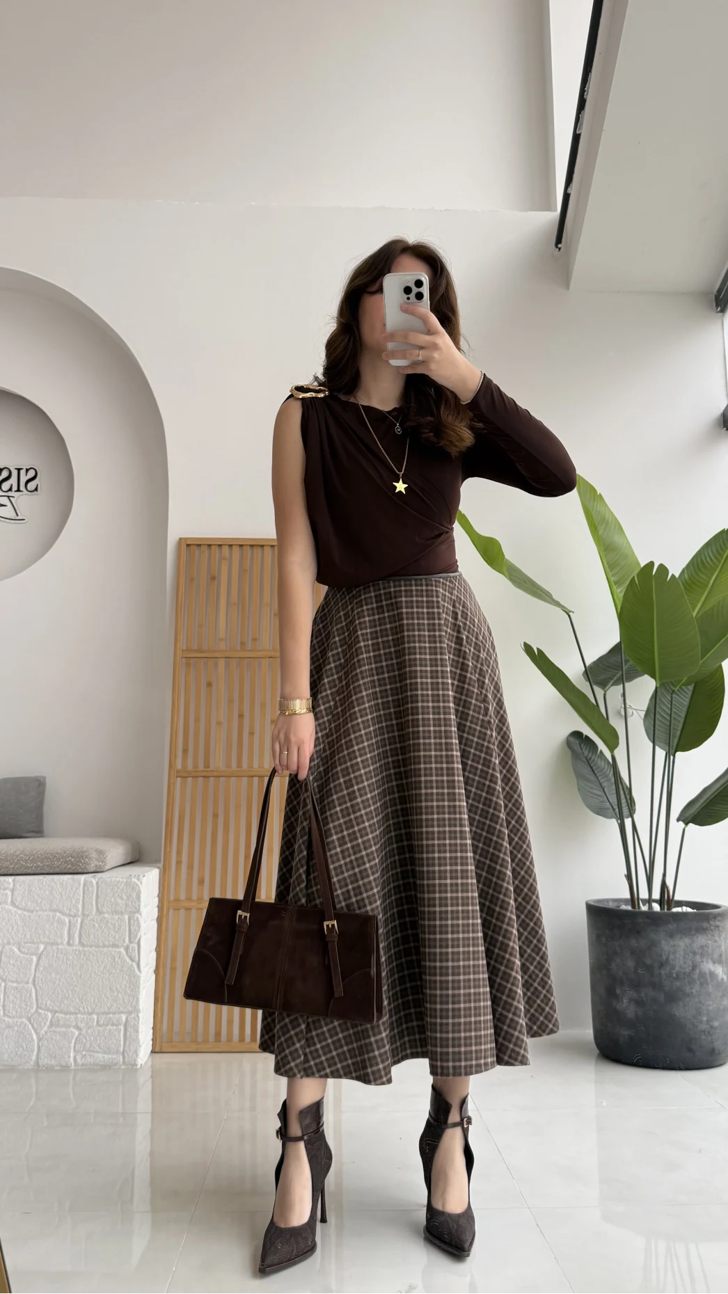 Angelina Beli Deri Detaylı Ekose Etek - Kahve-Yeşil