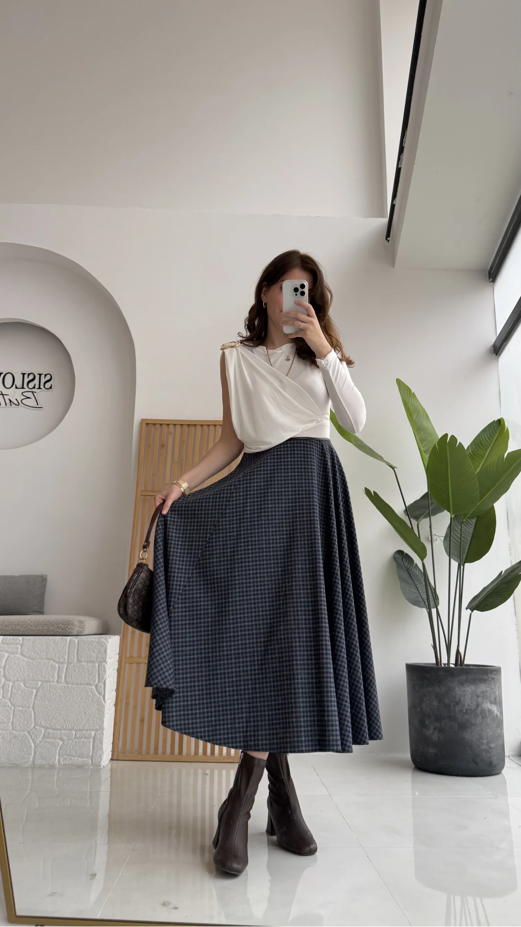 Angelina Beli Deri Detaylı Ekose Etek - Lacivert-Gri