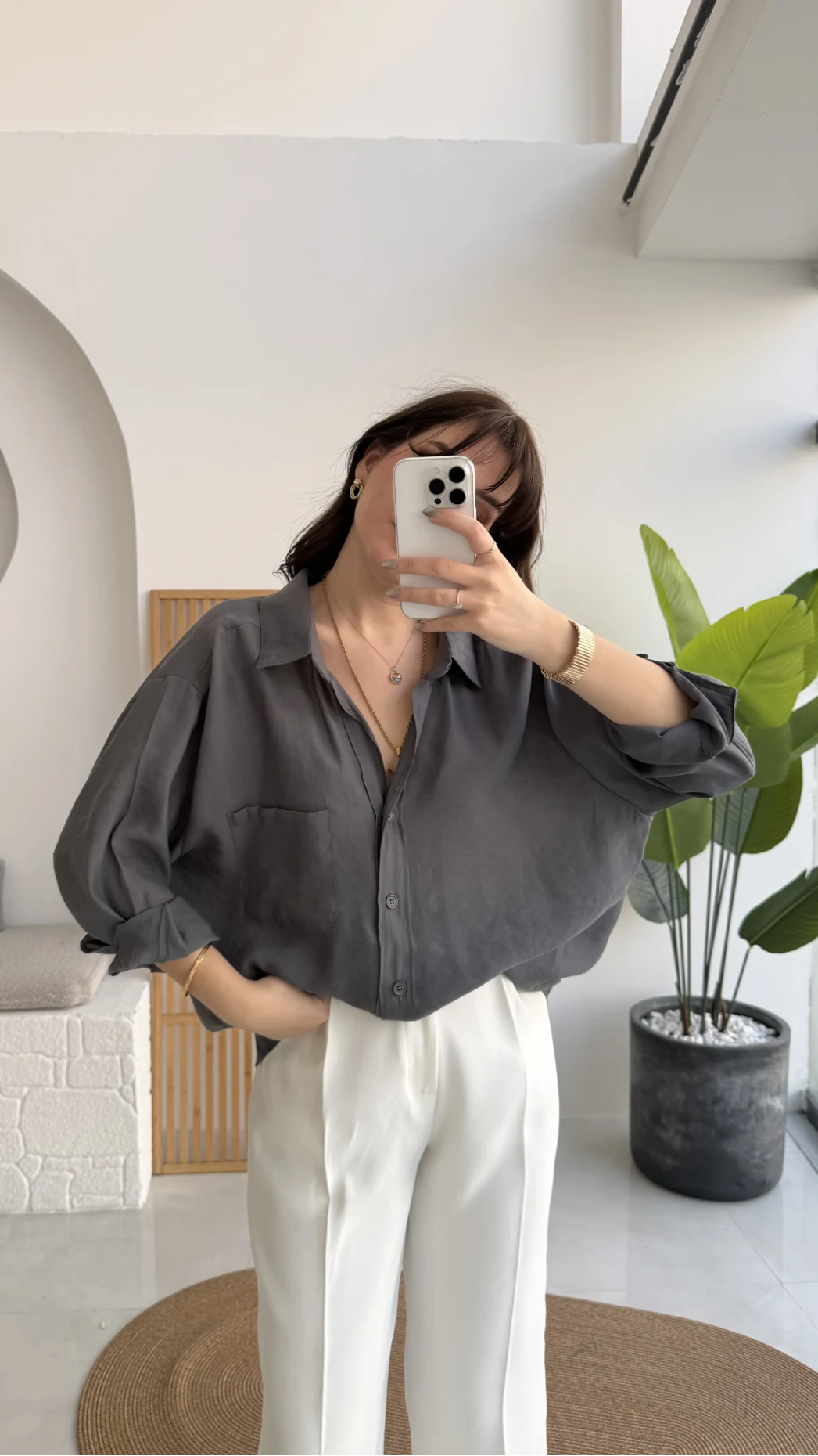 Antrasit Oversize Tensel Gömlek - Kod: 4612