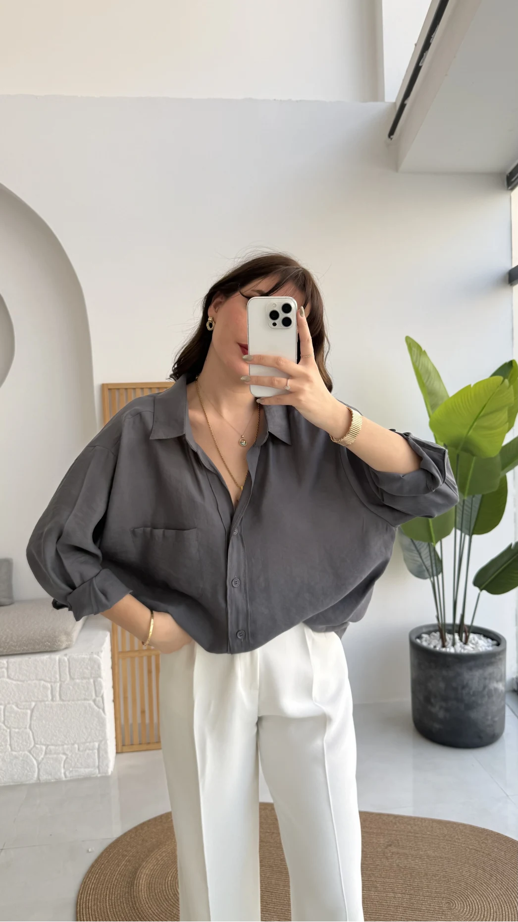 Antrasit Oversize Tensel Gömlek - Kod: 4612