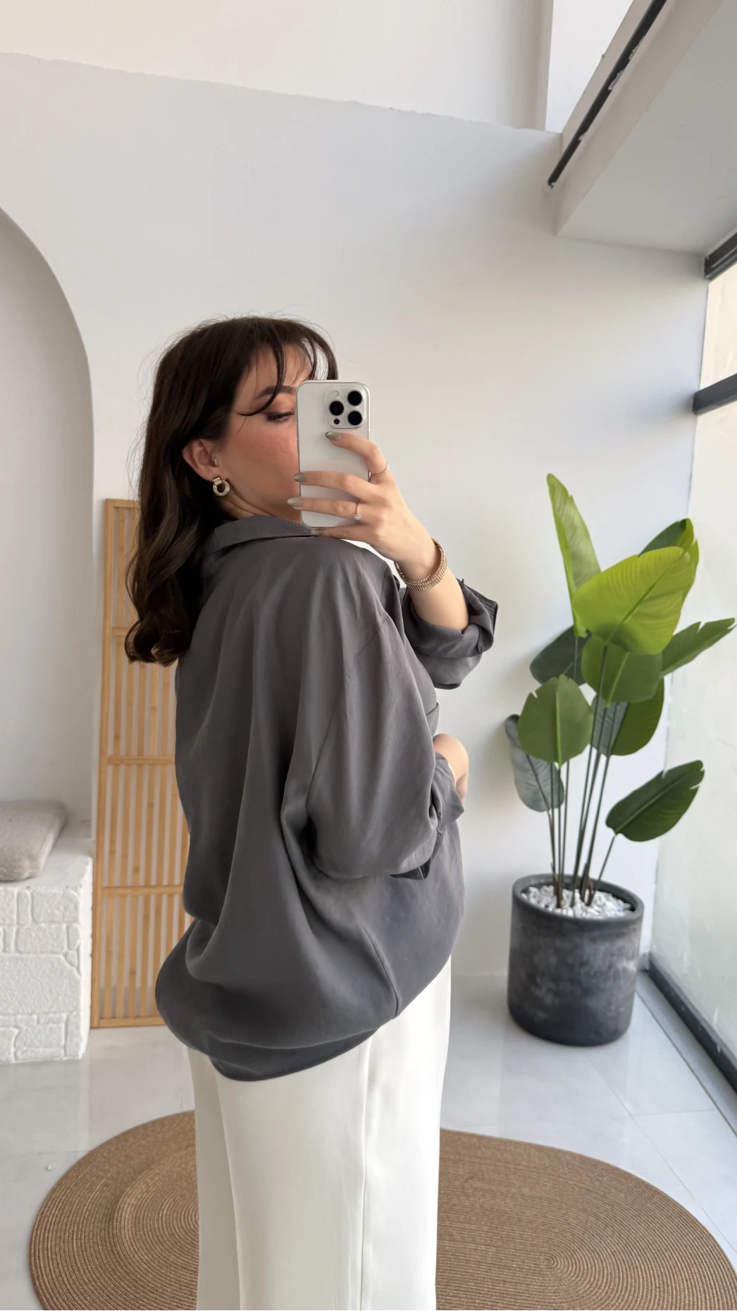 Antrasit Oversize Tensel Gömlek - Kod: 4612