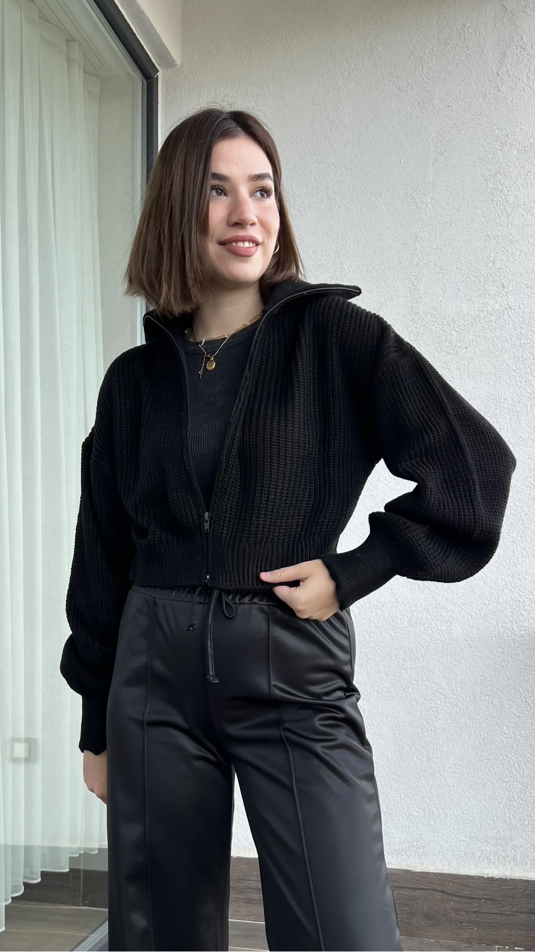 Antrasit Siyah Fermuarlı Hırka