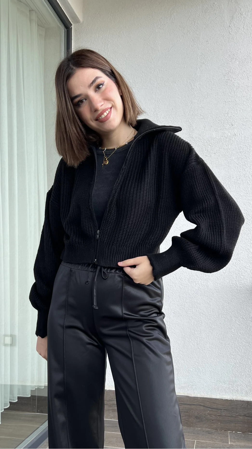 Antrasit Siyah Fermuarlı Hırka