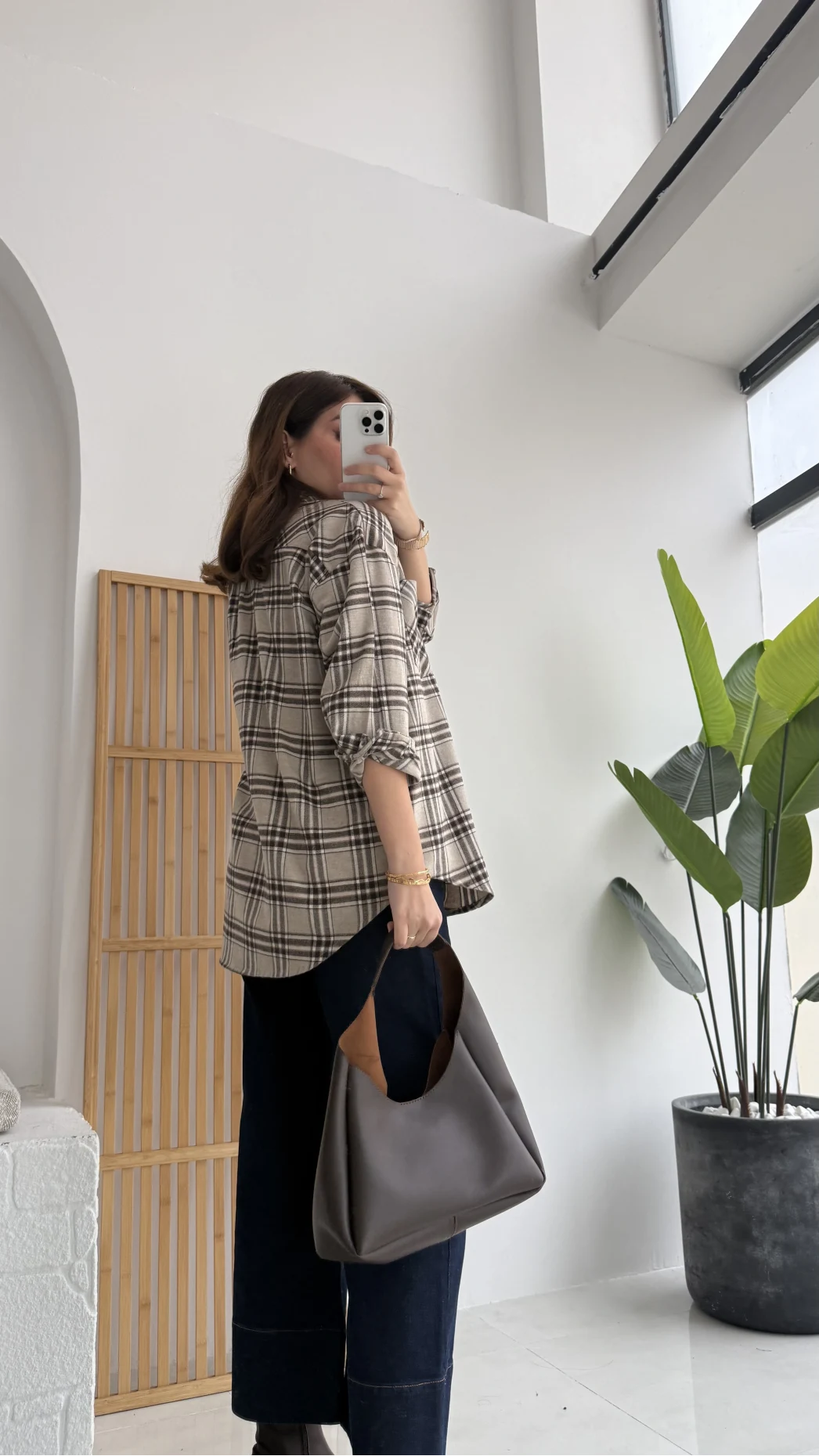 April Ekose Desenli Tek Cepli Gömlek - Bej