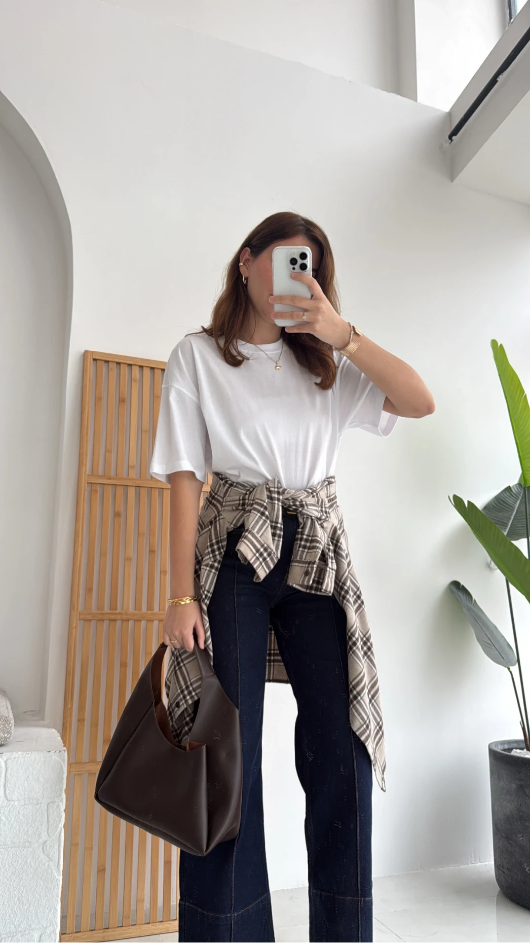 April Ekose Desenli Tek Cepli Gömlek - Bej