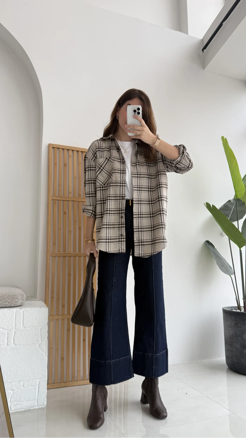 April Ekose Desenli Tek Cepli Gömlek - Bej