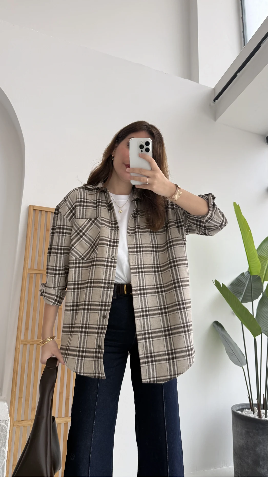 April Ekose Desenli Tek Cepli Gömlek - Bej