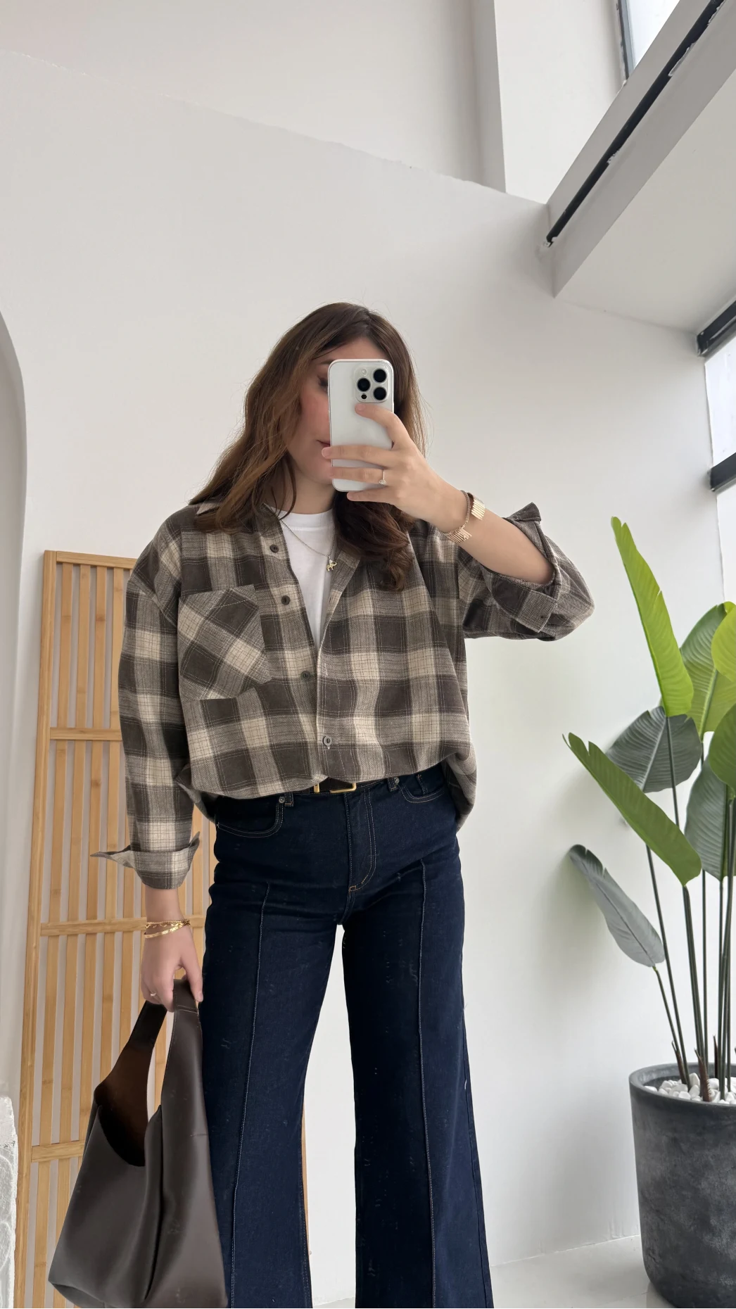 April Ekose Desenli Tek Cepli Gömlek - Kahverengi