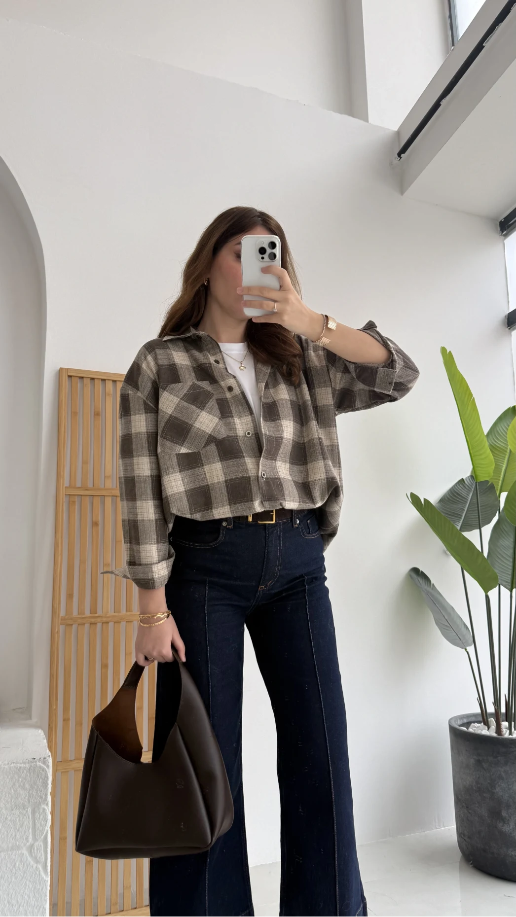 April Ekose Desenli Tek Cepli Gömlek - Kahverengi