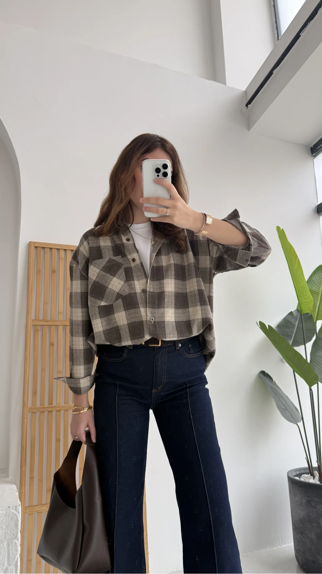 April Ekose Desenli Tek Cepli Gömlek - Kahverengi