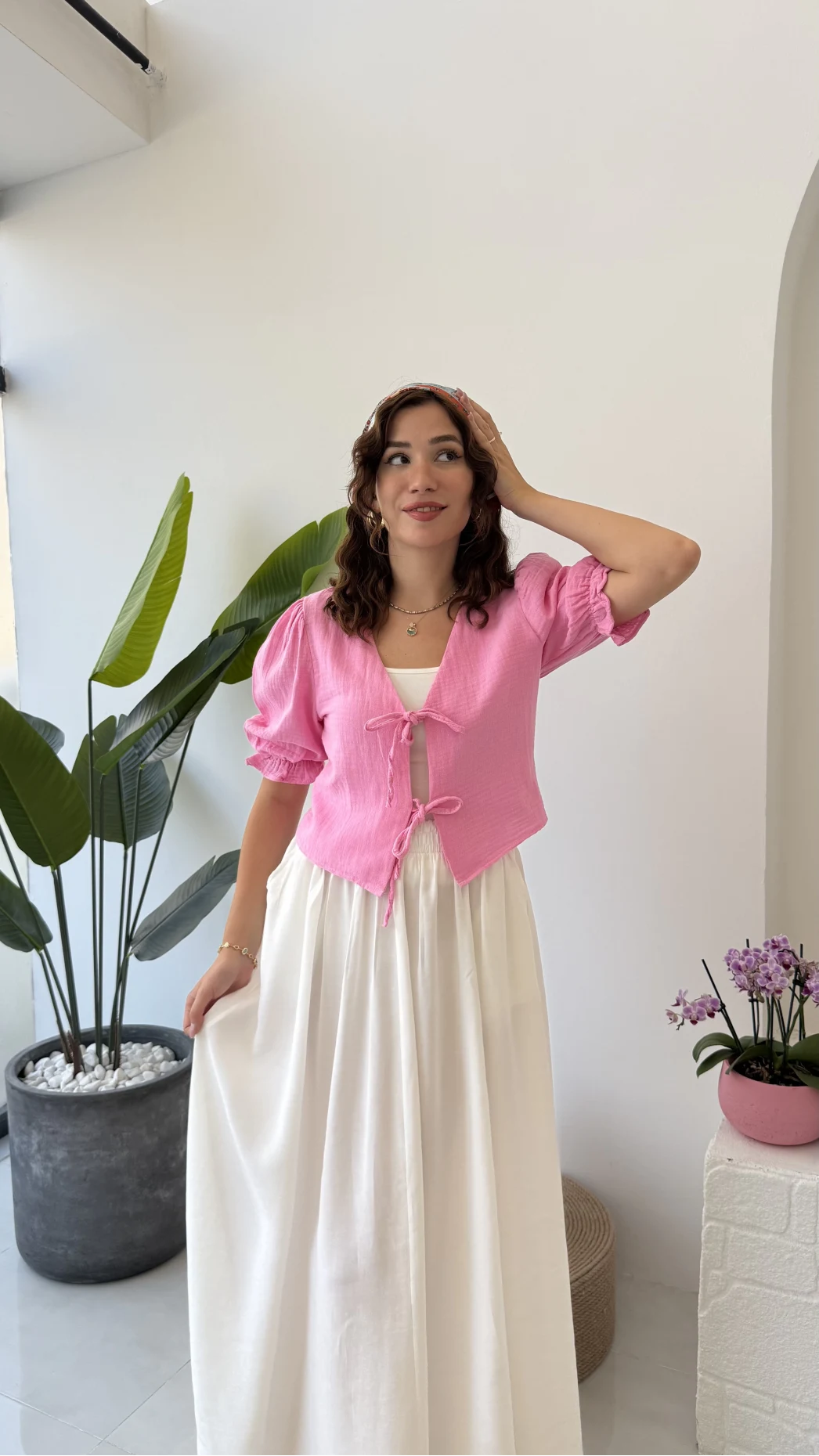 1017 - Arin Kolu Lastik Detay Bluz - Şeker Pembesi