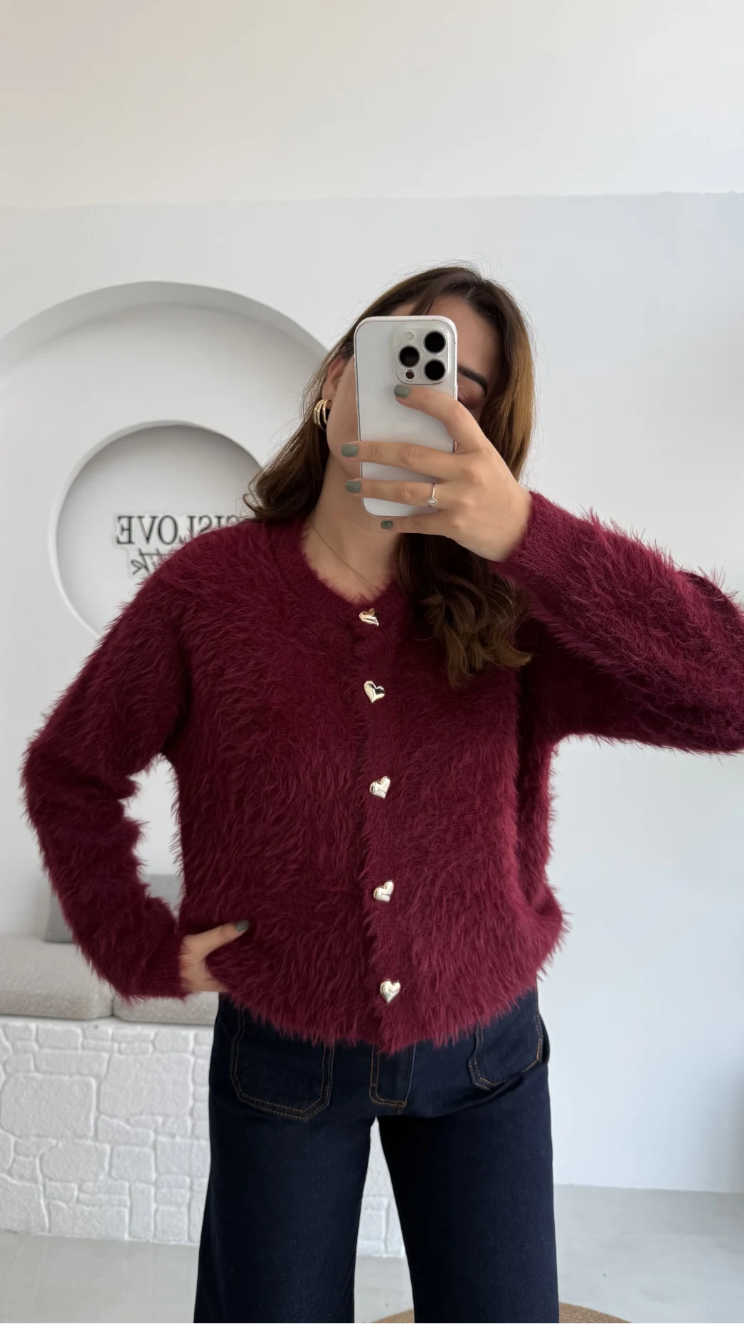 Arjana Kalp Düğmeli Sakallı Hırka - Bordo - Kod: 25502