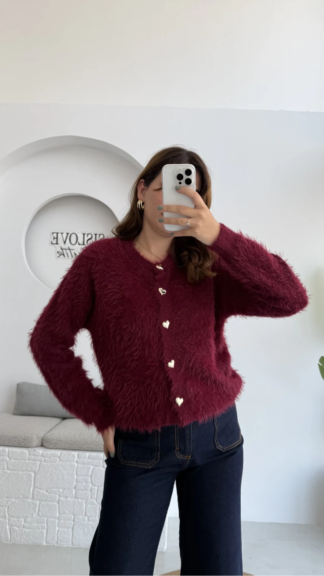 Arjana Kalp Düğmeli Sakallı Hırka - Bordo - Kod: 25502