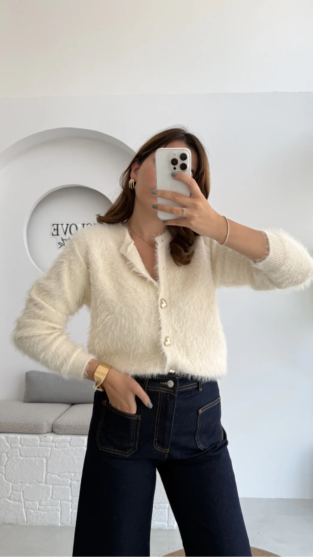 Arjana Kalp Düğmeli Sakallı Hırka - Ekru - Kod: 25502