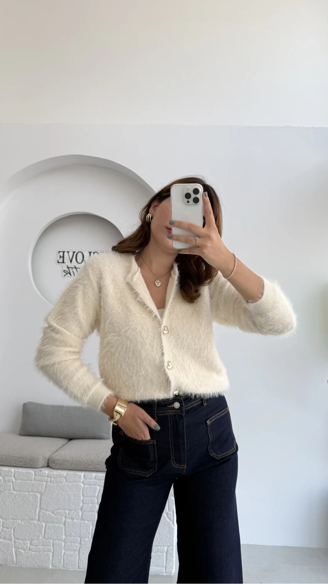 Arjana Kalp Düğmeli Sakallı Hırka - Ekru - Kod: 25502