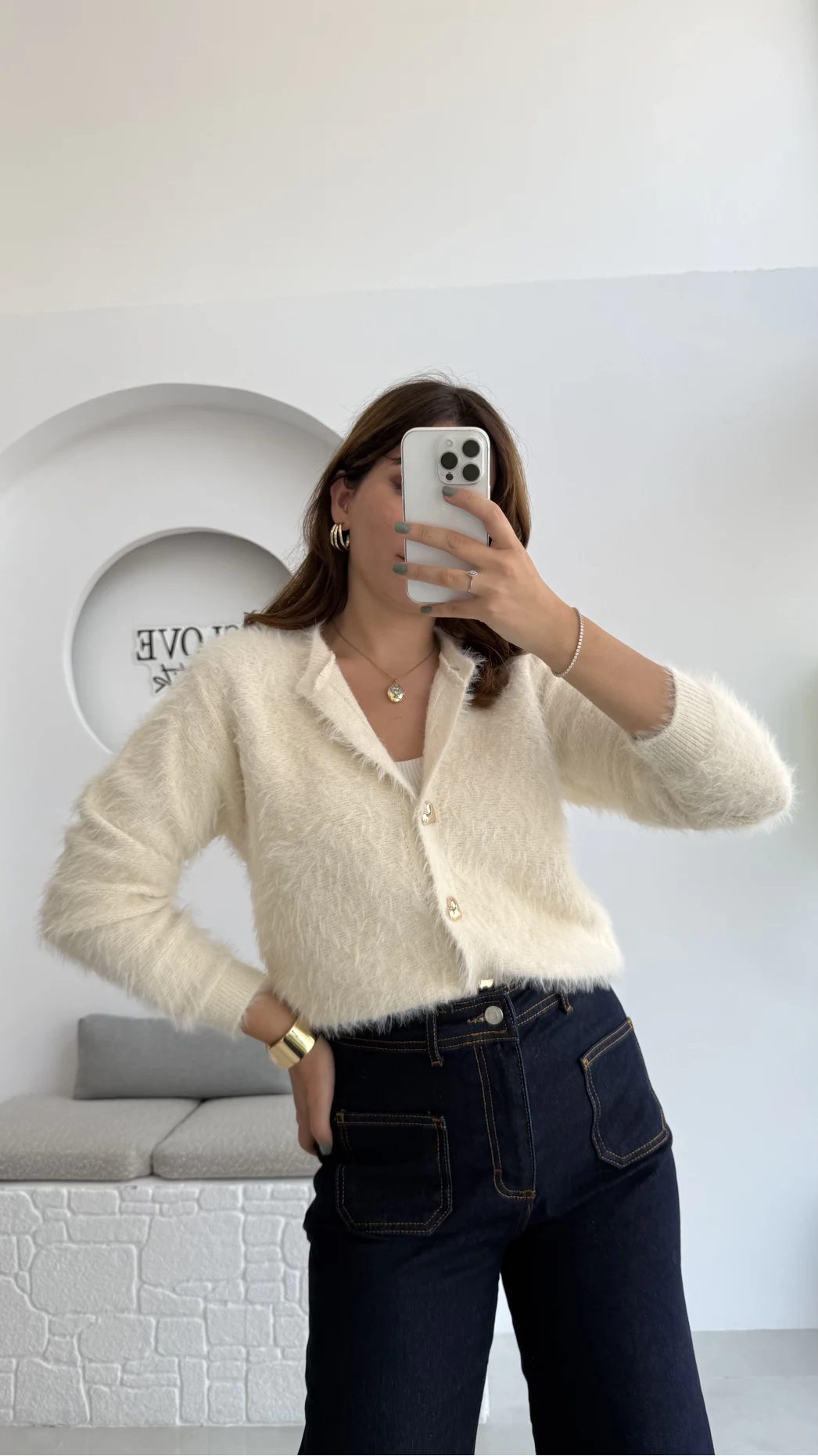 Arjana Kalp Düğmeli Sakallı Hırka - Ekru - Kod: 25502