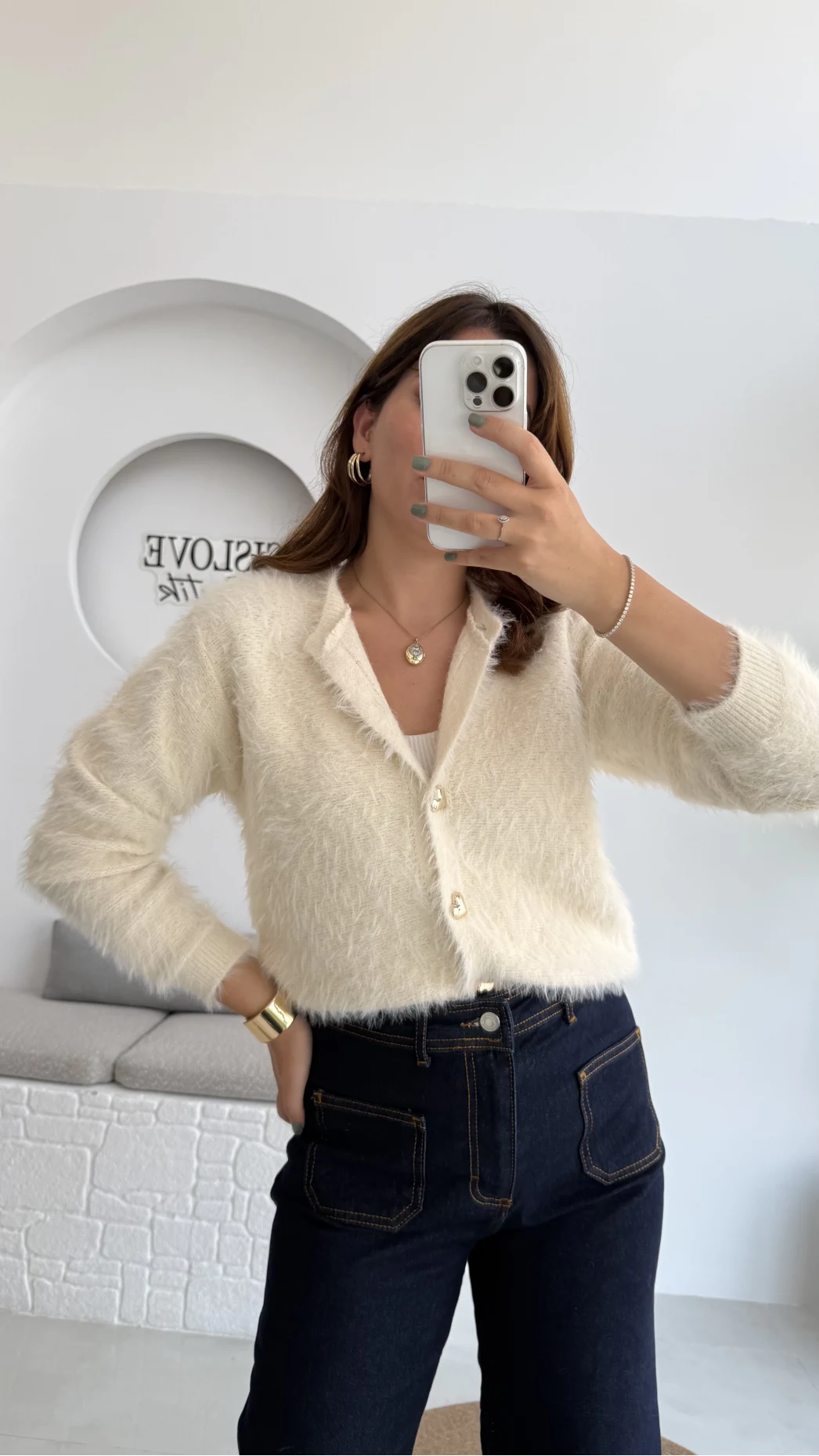 Arjana Kalp Düğmeli Sakallı Hırka - Ekru - Kod: 25502