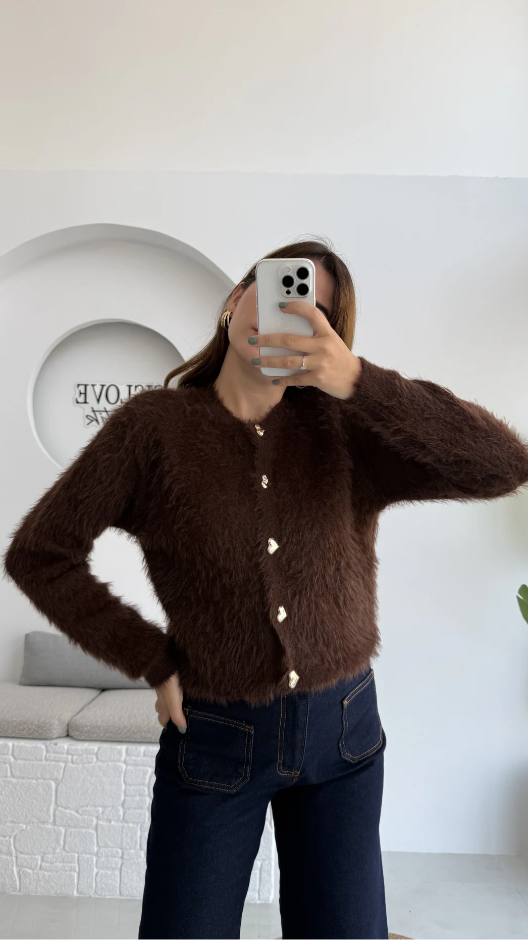 Arjana Kalp Düğmeli Sakallı Hırka - Kahverengi - Kod: 25502