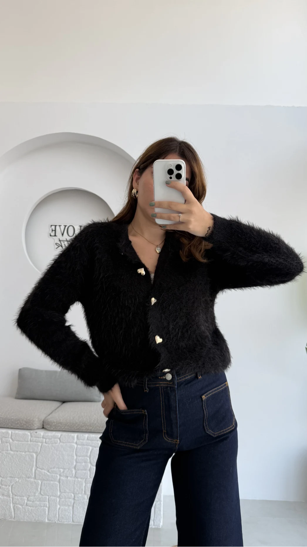 Arjana Kalp Düğmeli Sakallı Hırka - Siyah - Kod: 25502