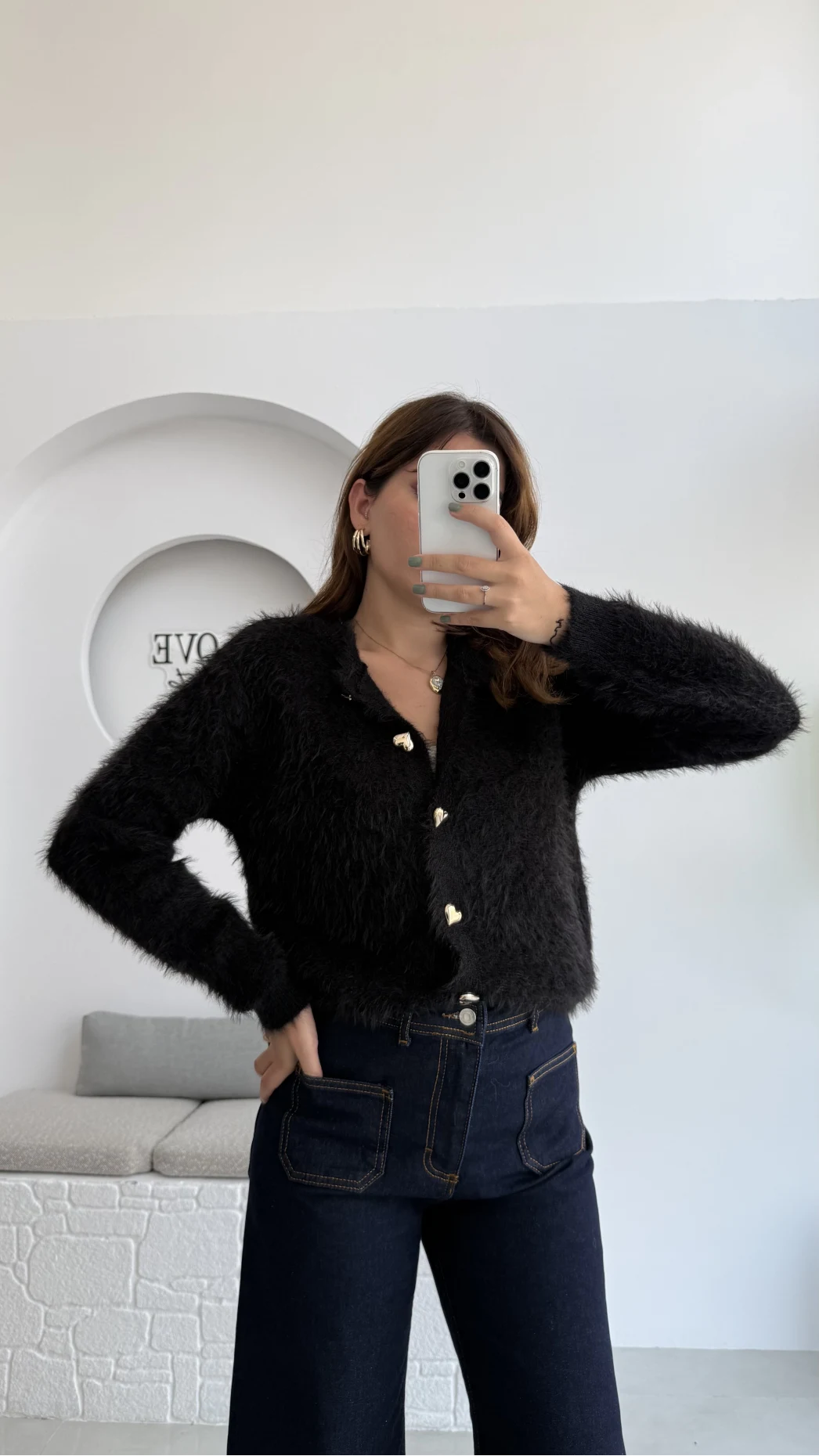 Arjana Kalp Düğmeli Sakallı Hırka - Siyah - Kod: 25502