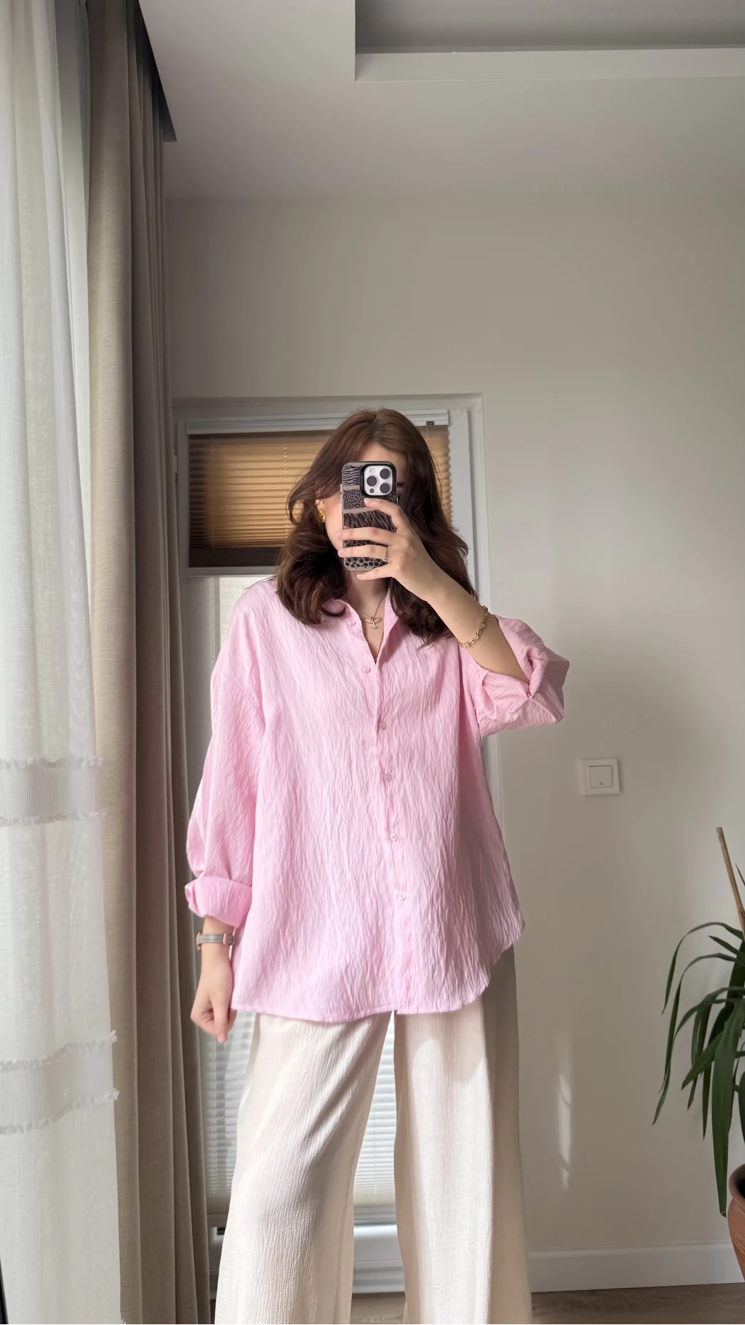 Arkası İp Detay Gömlek Pembe