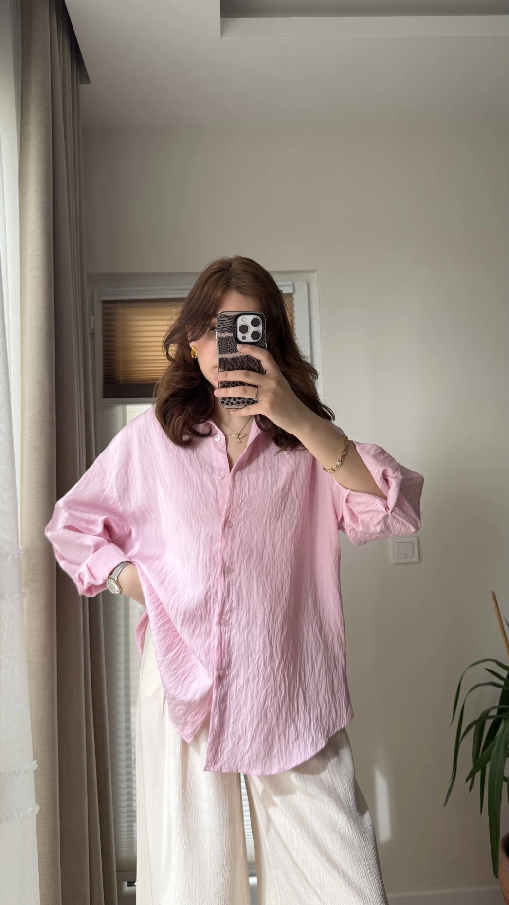 Arkası İp Detay Gömlek Pembe