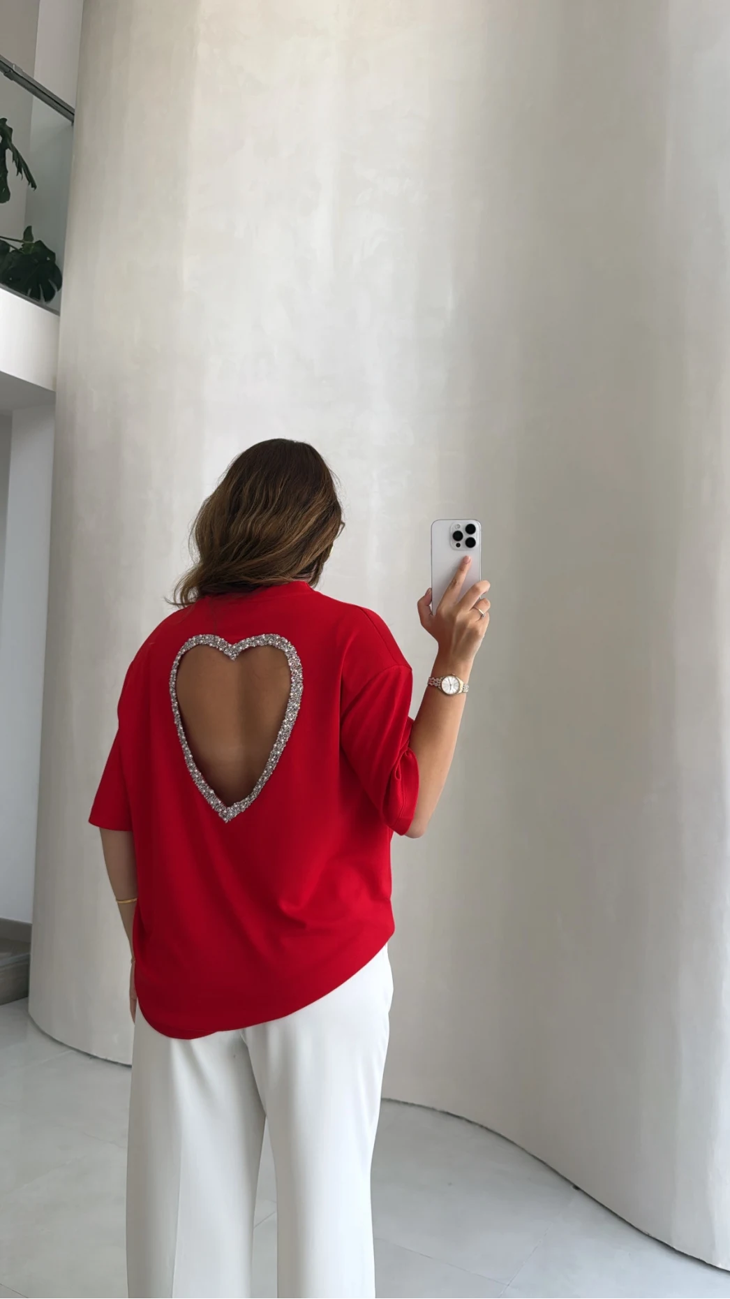 Arkası Taşlı Kalp Detaylı Tshirt - Kırmızı