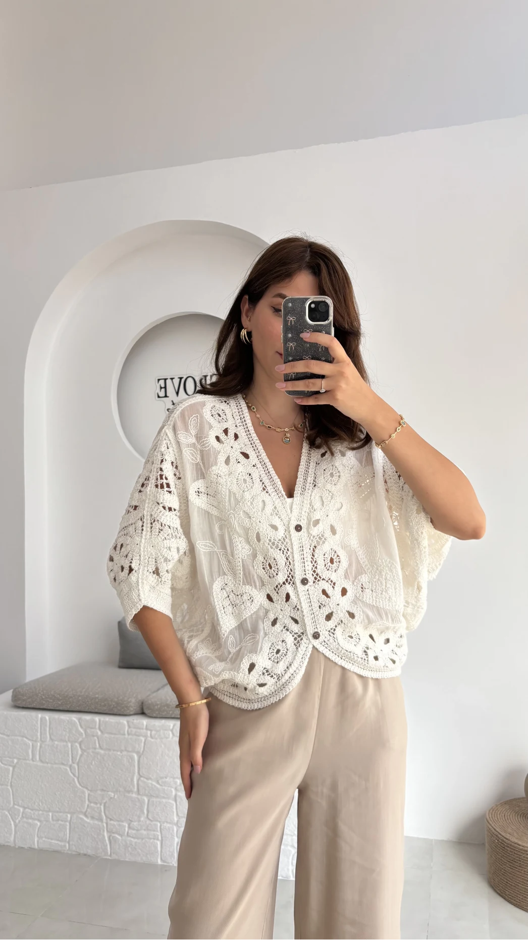 Arya Dantel Detay Kimono - Kırık Beyaz - 38866