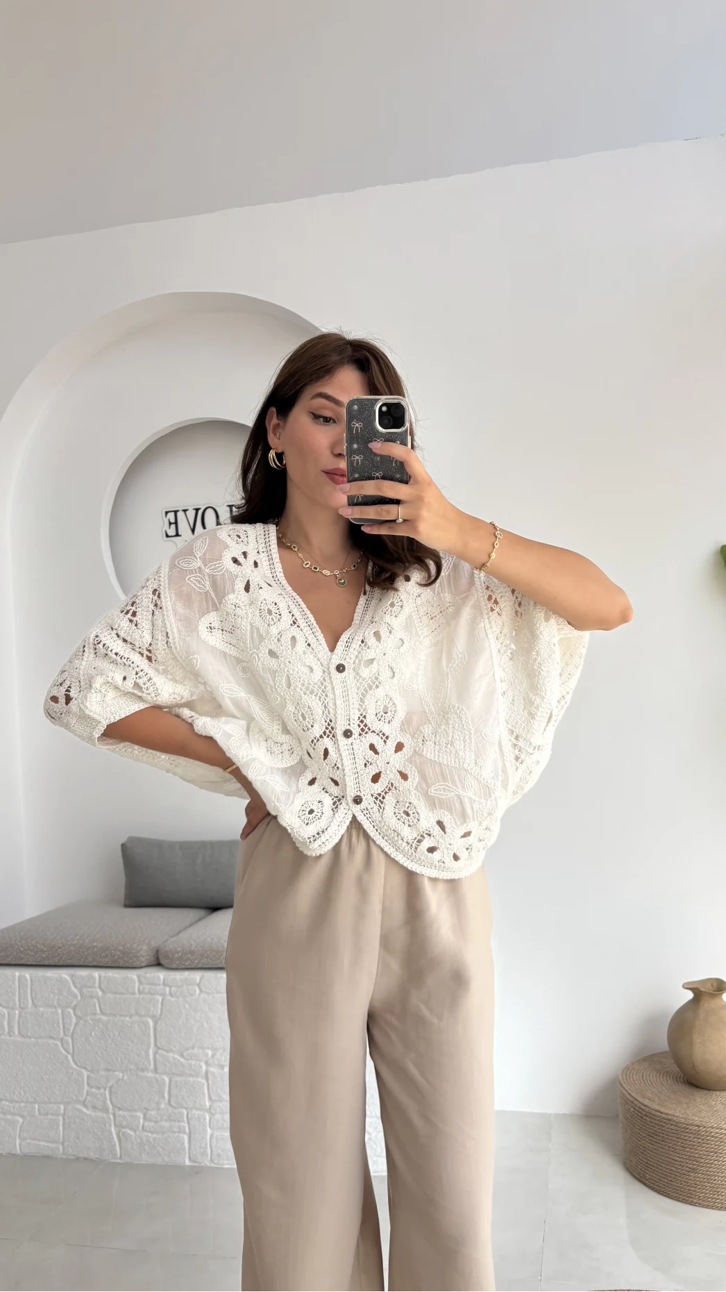 Arya Dantel Detay Kimono - Kırık Beyaz - 38866