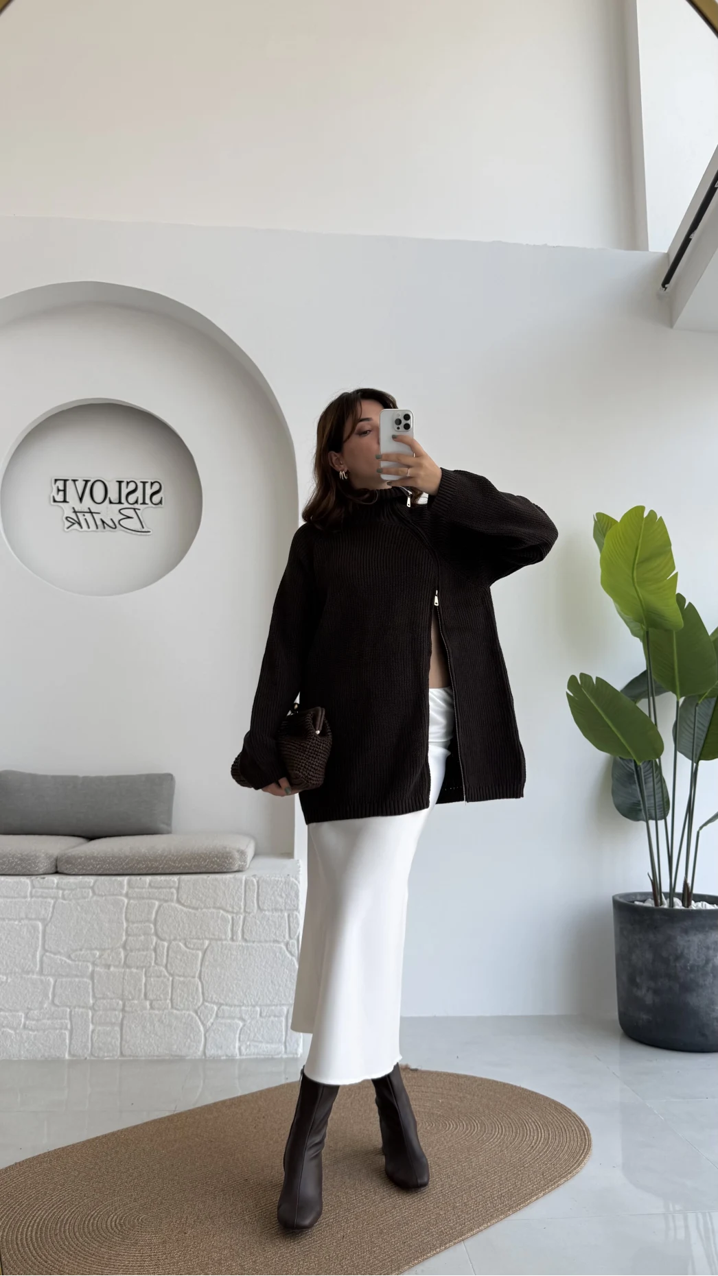 Asimetrik Fermuarlı Örme Uzun Kazak - Acı Kahve