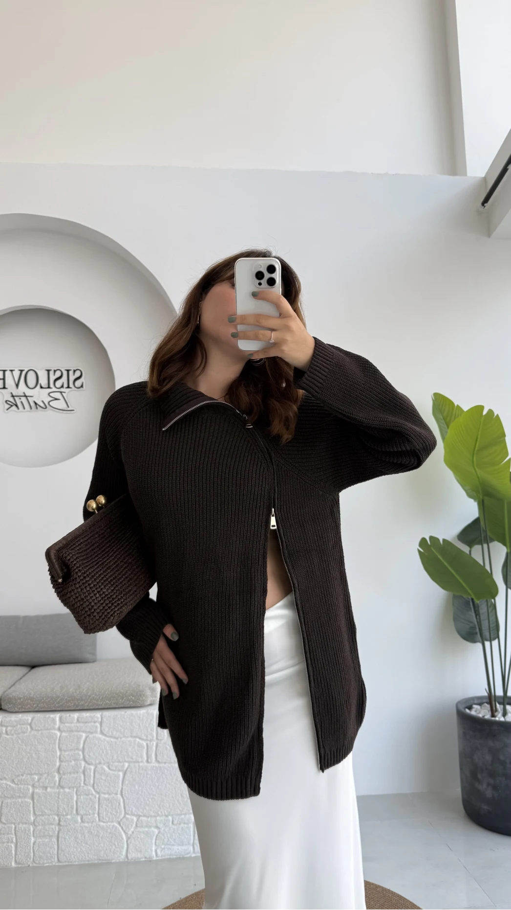 Asimetrik Fermuarlı Örme Uzun Kazak - Acı Kahve