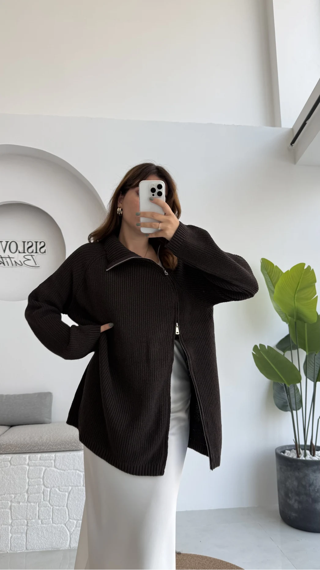 Asimetrik Fermuarlı Örme Uzun Kazak - Acı Kahve