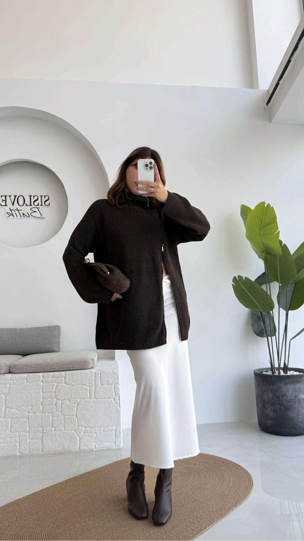 Asimetrik Fermuarlı Örme Uzun Kazak - Acı Kahve