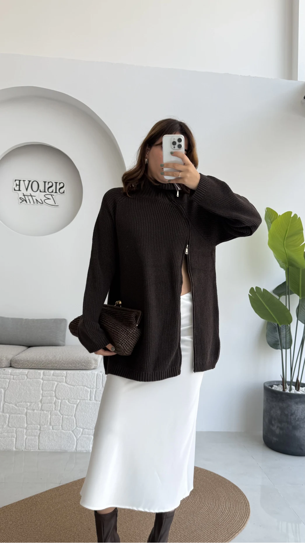 Asimetrik Fermuarlı Örme Uzun Kazak - Acı Kahve