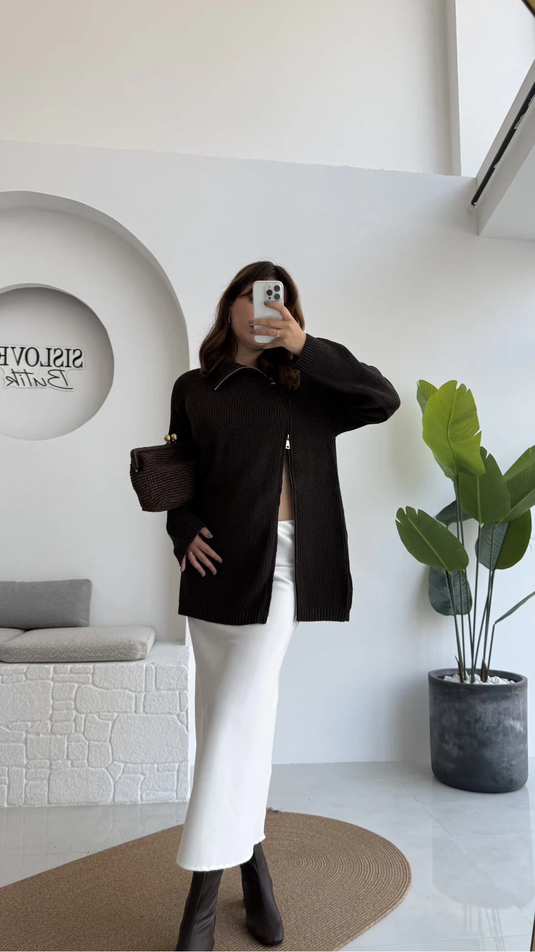 Asimetrik Fermuarlı Örme Uzun Kazak - Acı Kahve