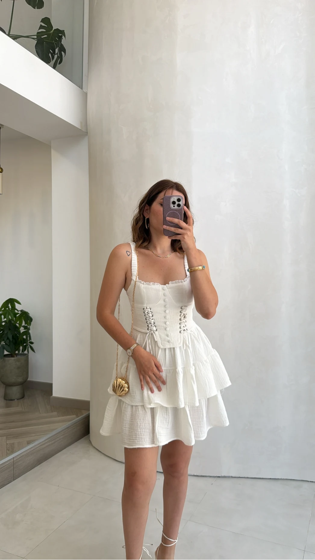 Askılı Beli Gipeli Korse Mini Elbise - Beyaz - Kod: 930