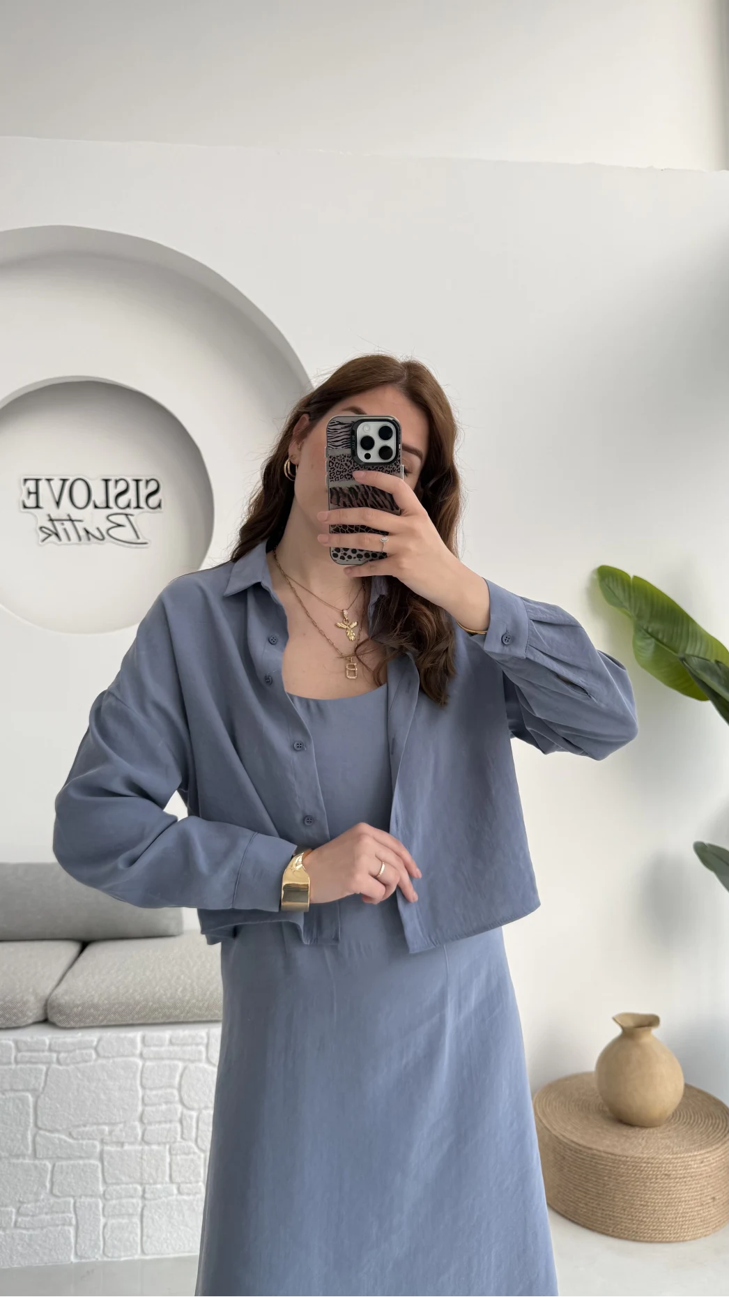 Askılı Gömlek Elbise Takım - 51153 - Gri-Mavi