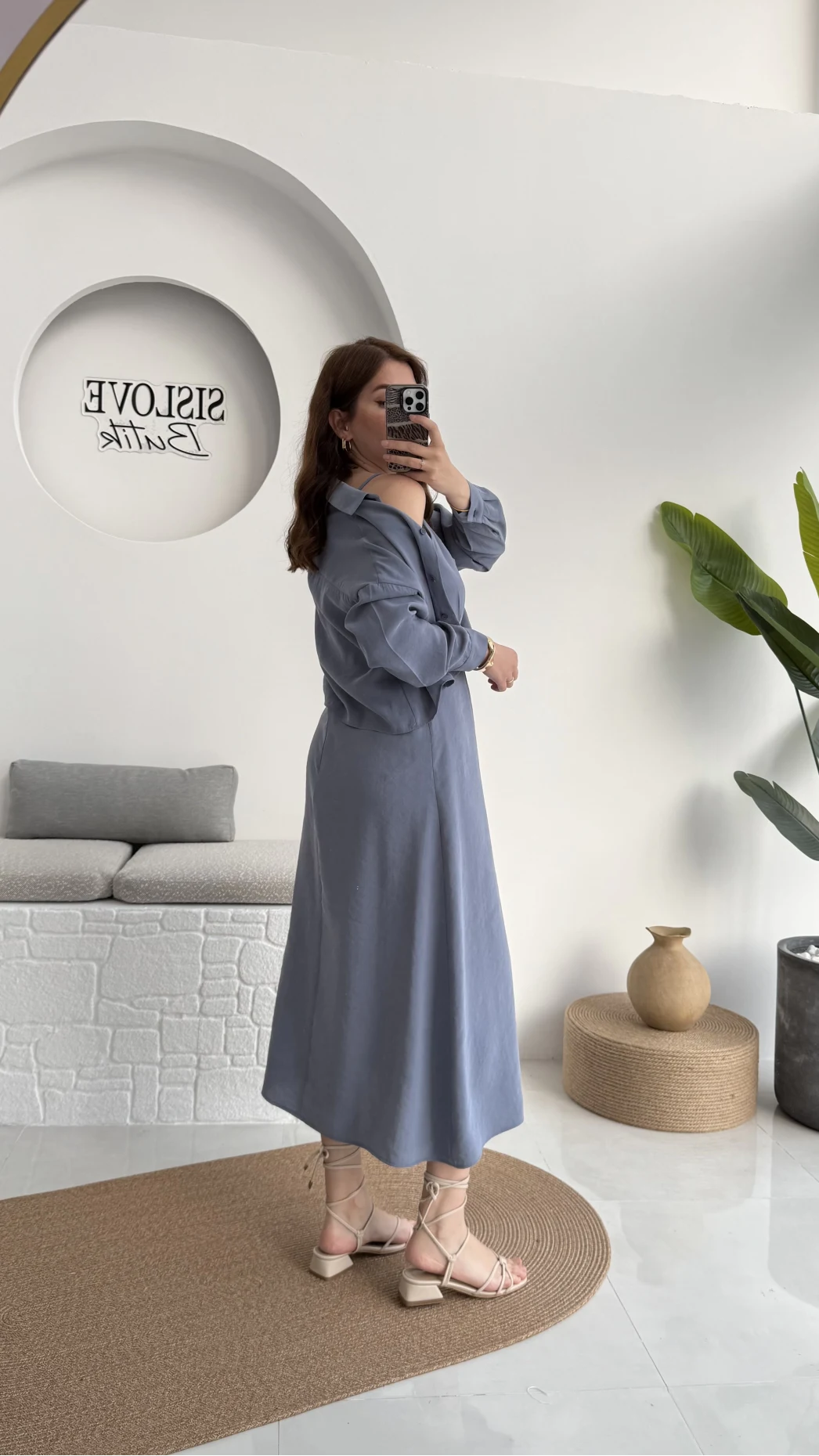 Askılı Gömlek Elbise Takım - 51153 - Gri-Mavi