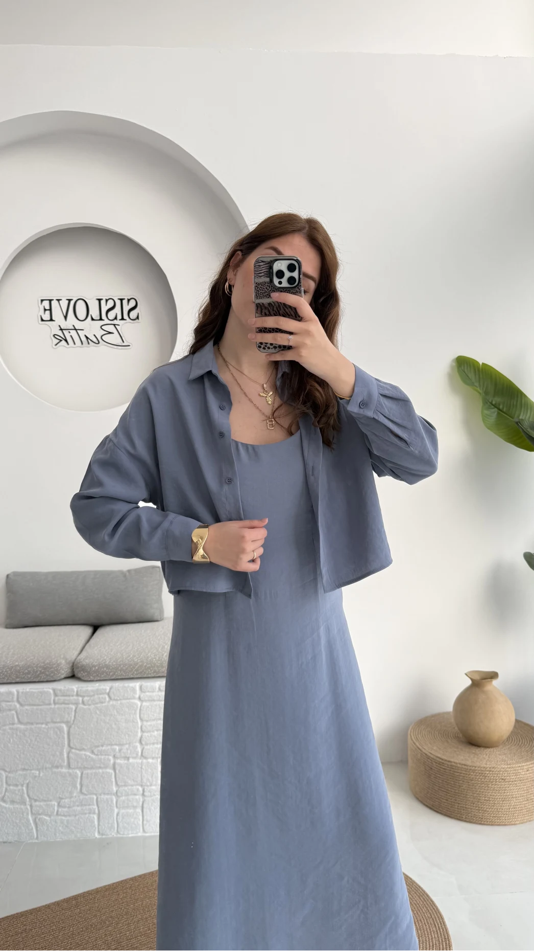 Askılı Gömlek Elbise Takım - 51153 - Gri-Mavi