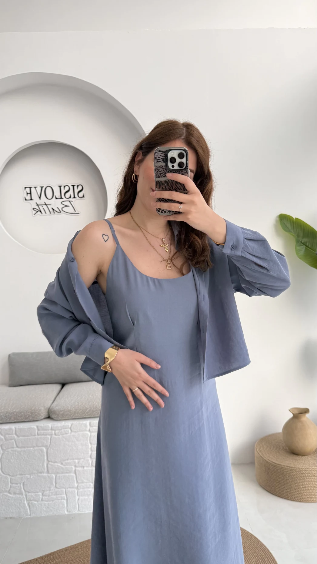 Askılı Gömlek Elbise Takım - 51153 - Gri-Mavi