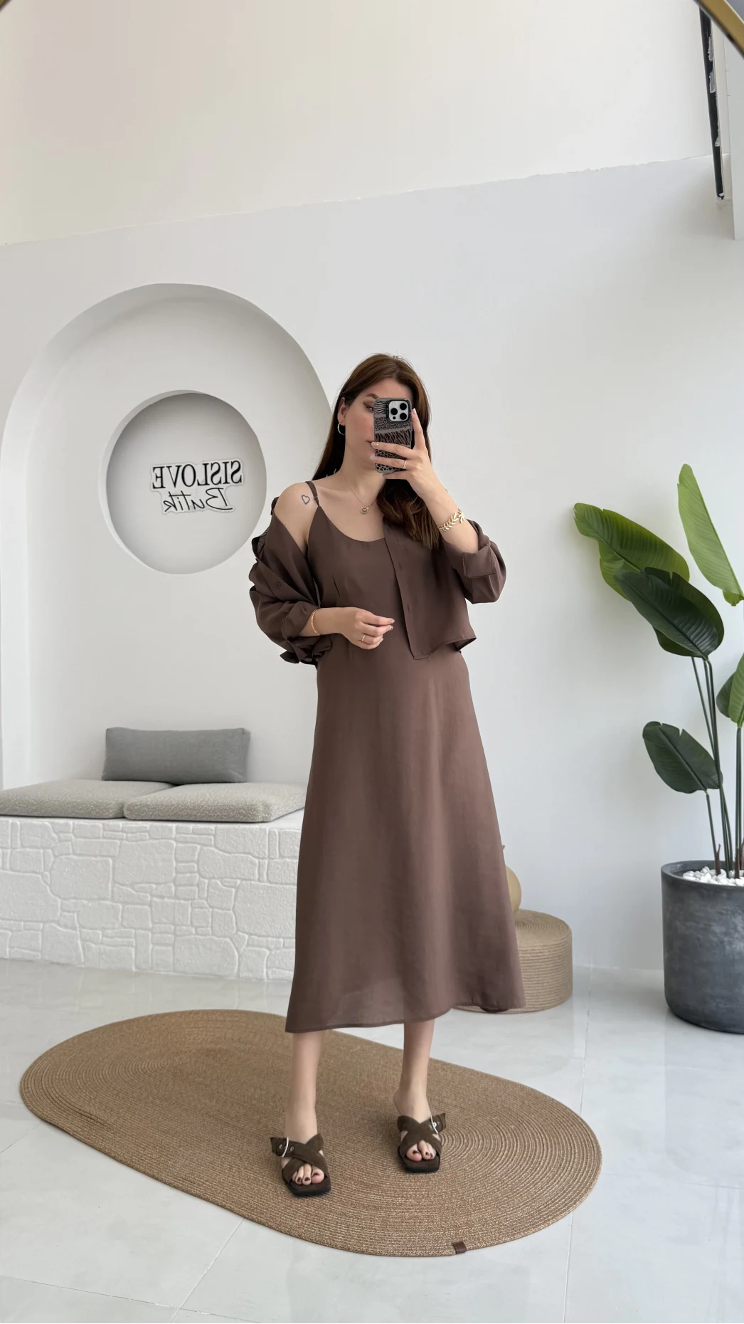 Askılı Gömlek Elbise Takım - 51153 - Kahve