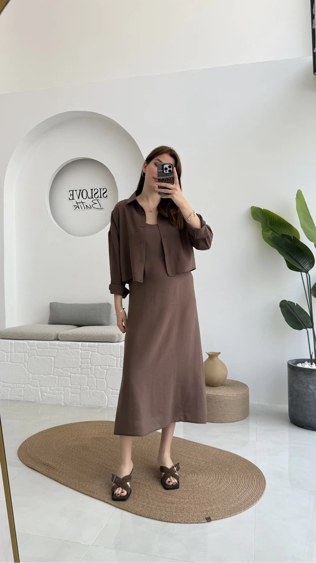 Askılı Gömlek Elbise Takım - 51153 - Kahve
